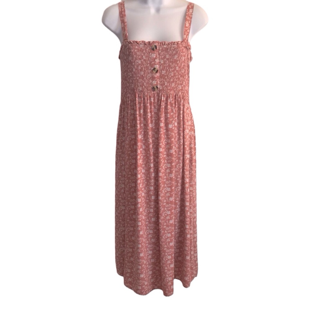 🔴 4/$15 Maternity Liberty Love Women’s L Pink Floral Smocked Midi Dress in EUC